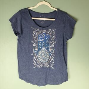 Lucky Brand Womens Blue Hamsa Hand Floral Short Sleeve T-Shirt Top Size Large